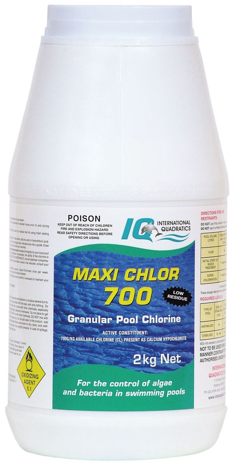 Maxi Chlor 700 Calcium Hypochlorite Non-Stabilised High Quality Granular Pool Chlorine 2kg
