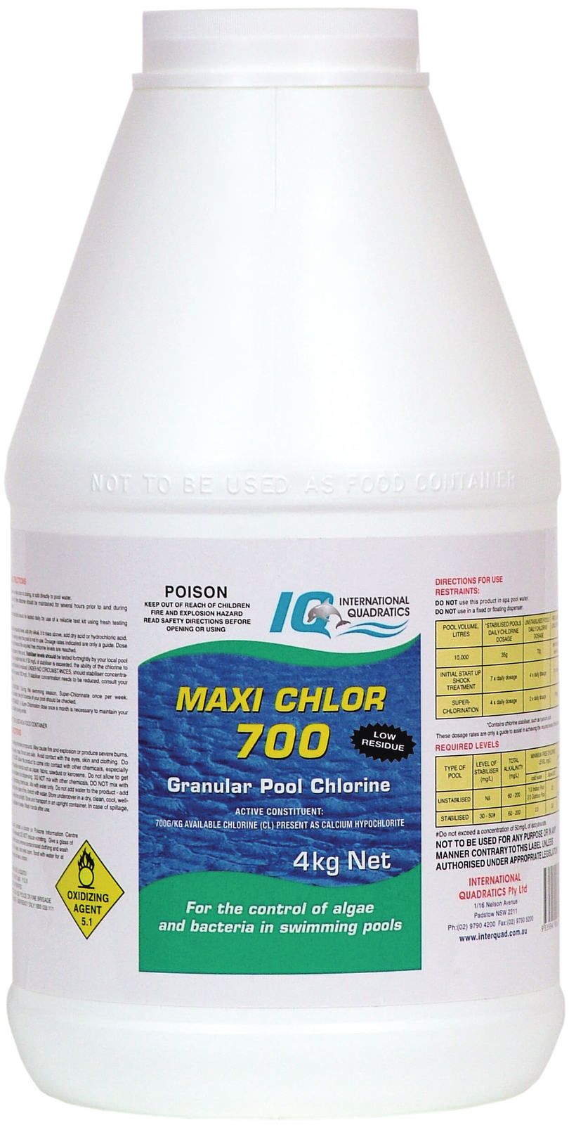 Maxi Chlor 700 Calcium Hypochlorite Non-Stabilised High Quality Granular Pool Chlorine 4 kg