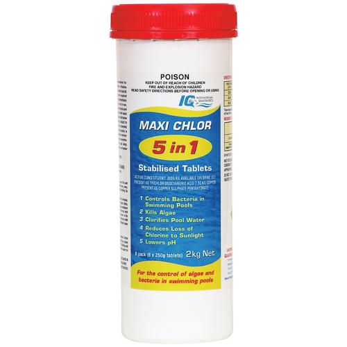 Maxi Chlor 5 in 1 Stabilised Pool Chlorine Tablets 8 x 250g Tablets 2KG