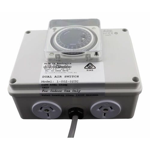 Air Switch Double 10amp Socket - 24hr Timer Clock Controller Splash Pool & Spa 